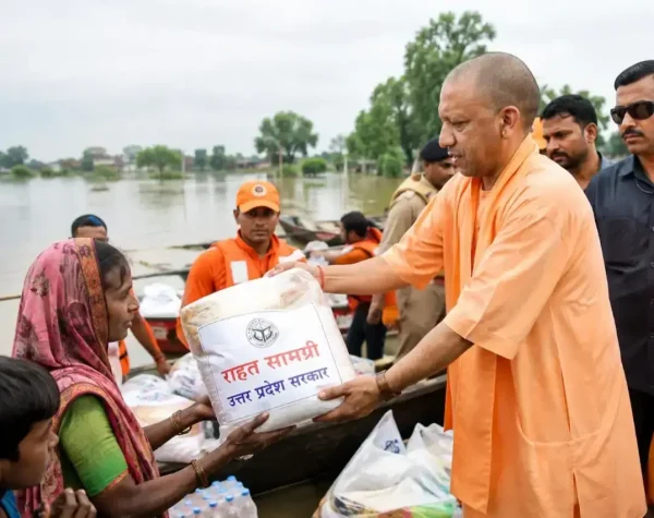 Yogi government with flood affected people